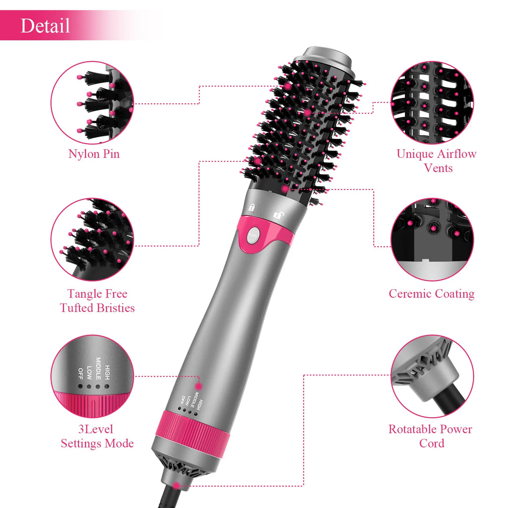 3th Hair Dryer Brush with Interchangeable Head 110V Hair Straightener Curler Comb Brush One Step Styler Volumizer Ion Blow Dryer