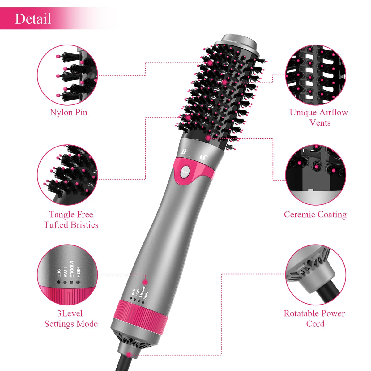 3th Hair Dryer Brush with Interchangeable Head 110V Hair Straightener Curler Comb Brush One Step Styler Volumizer Ion Blow Dryer