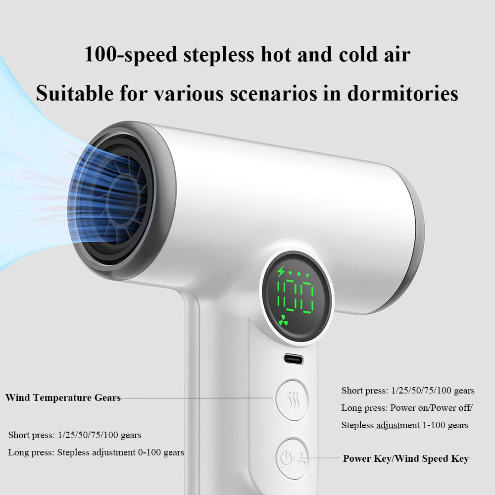 USB rechargeable wireless hair dryer with hot air cordless portable suitable for dormitories for students with strong wind power